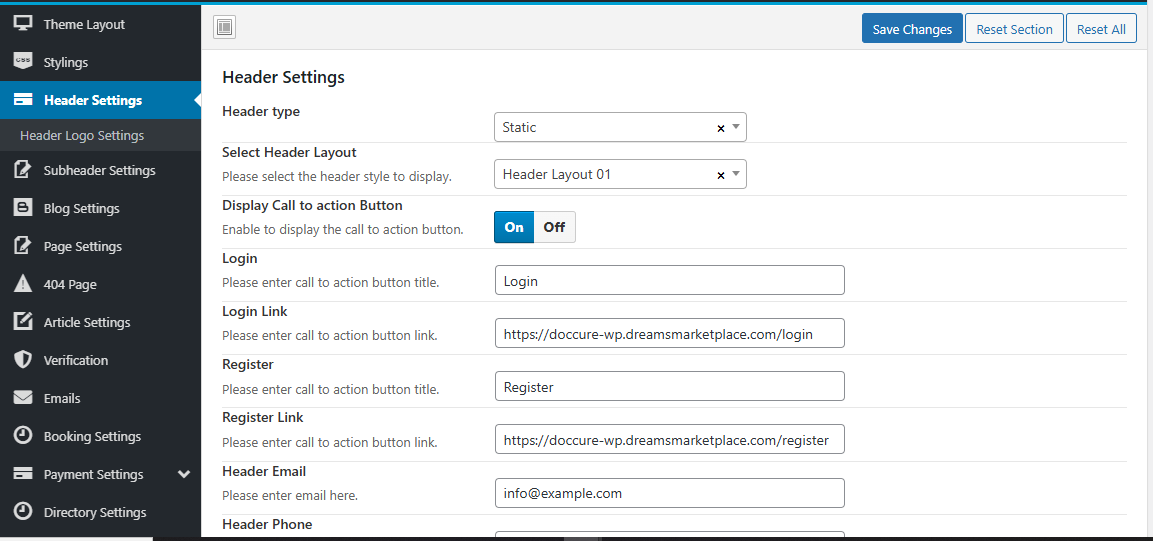 Theme Options Header settings screen